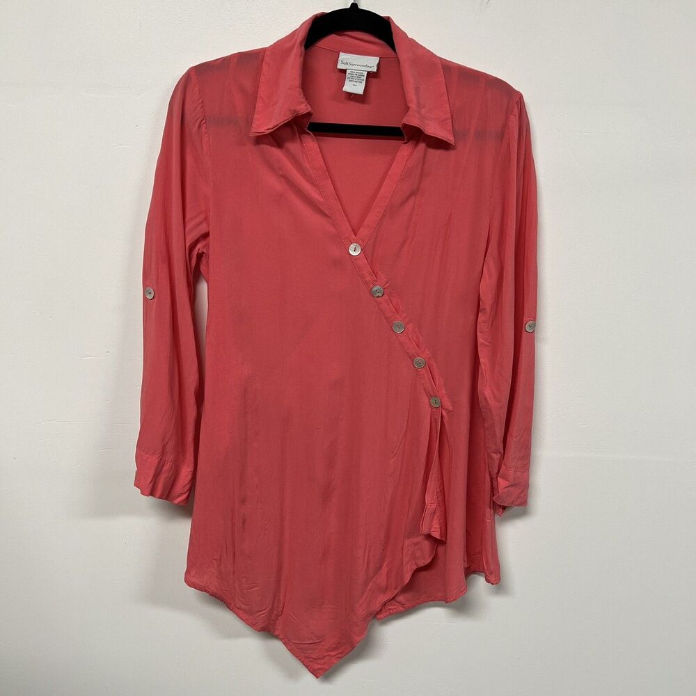 Soft Surroundings Wrap Tunic PM Coral Pink Asymmetrical Rayon Top 3/4 Sleeve